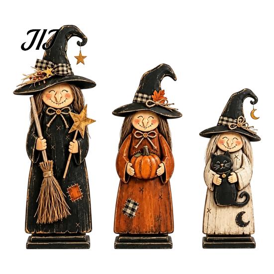 Vintage Style Witch Party Supplies Wooden Figurine, Halloween Statues with Hand Painted Figurine Sets Broom Pumpkin Black Cat, Fall Farmhouse Tabletop