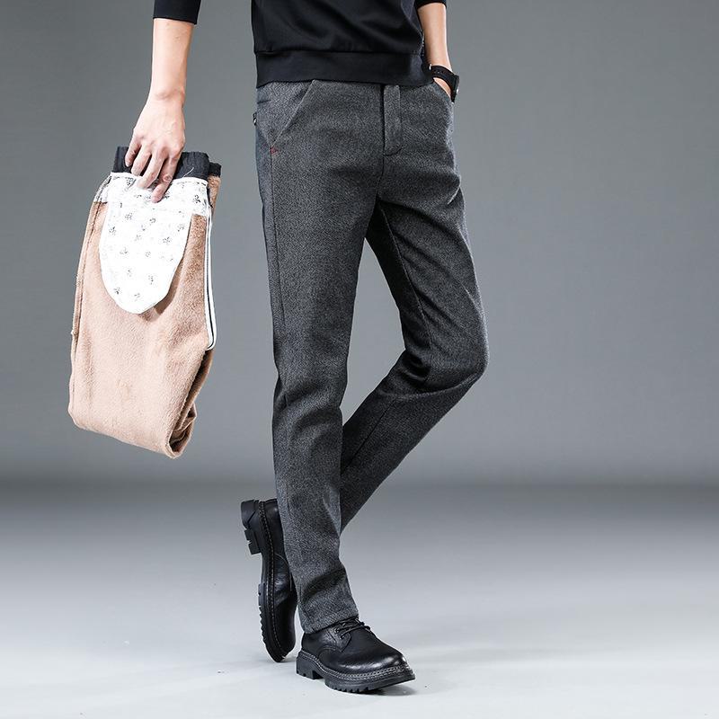 Pánské zimní silné teplé strečové ležérní kalhoty - plyšové, rovné, volného střihu, módní kalhoty