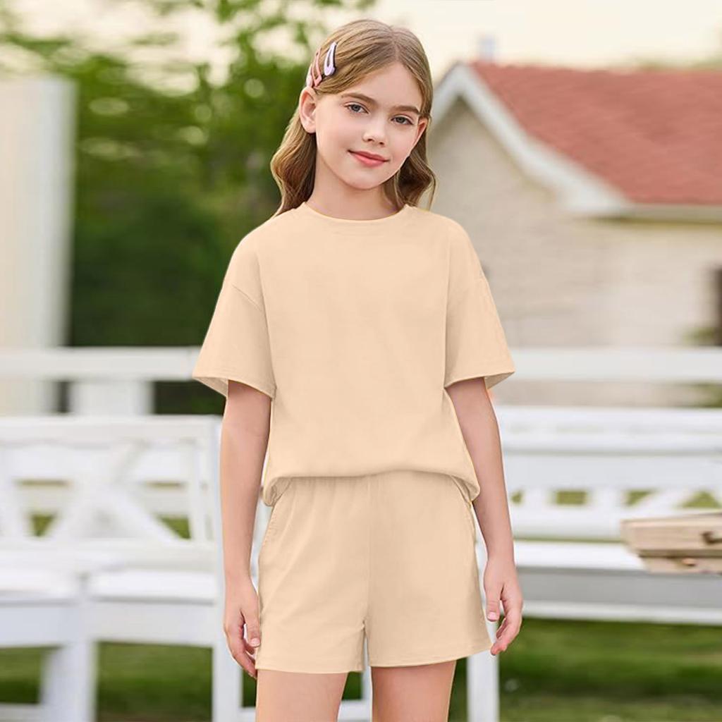 Girls Short Sleeve T Shirt and Shorts Set Soft Fabric Round Neck Relaxed Fit Casual Outfit for Kids and Teens