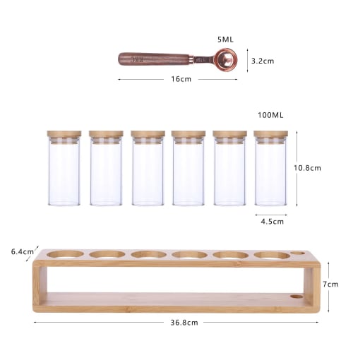 KKC Spice Bottles with Spoons, Airtight Glass Spice Jars, 6-Piece, 100ml, for Seasoning Storage, Flavorings: Cinnamon, Star Anise, Cumin, Pepper