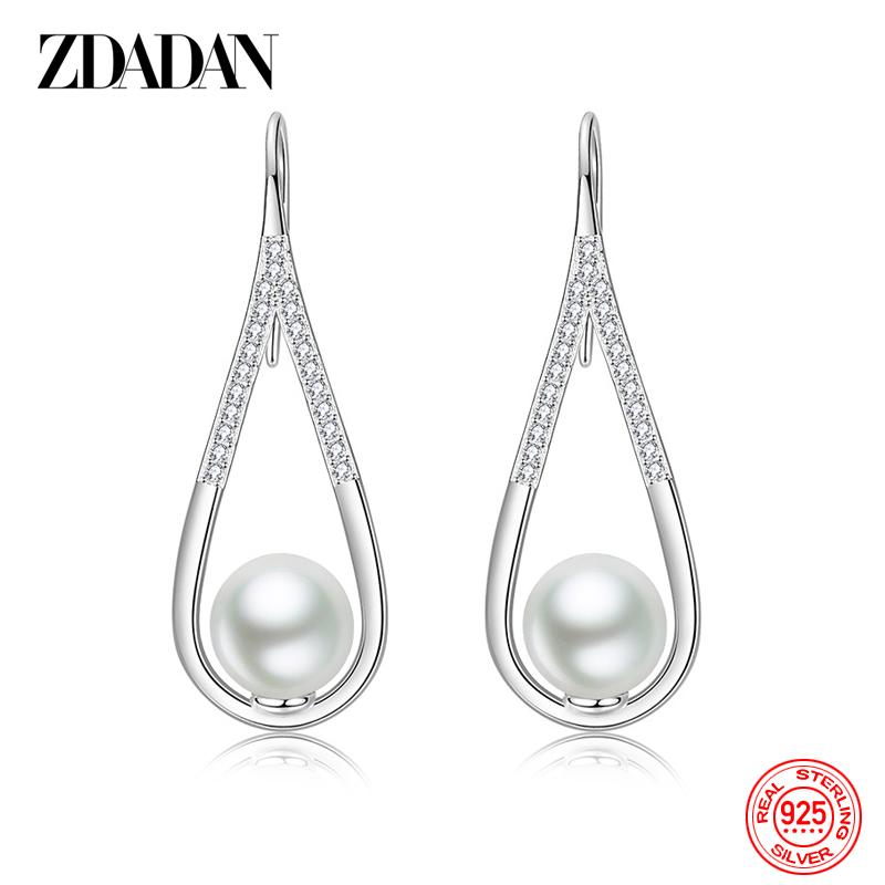 925 Sterling Silver Drop Shaped Pearl Zircon Dangle Earring for Women Charm Engagement Jewelry Party Gift