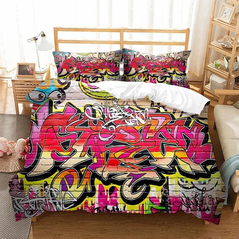 Art Style Print Graffiti Full Comforter Cover Set - 2 Person Bed Linen Set With Duvet Cover And Pillowslips Personality Bedding