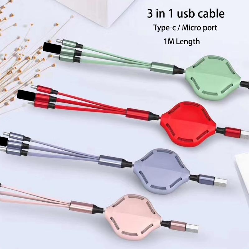 3in1 USB Cable for IPhone Type-C Charger Charging Micro USB Telescopic Extension Phone Cable