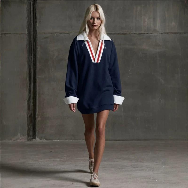 Lässiges Retro-Minikleid mit Farbblöcken und langen Ärmeln für Damen