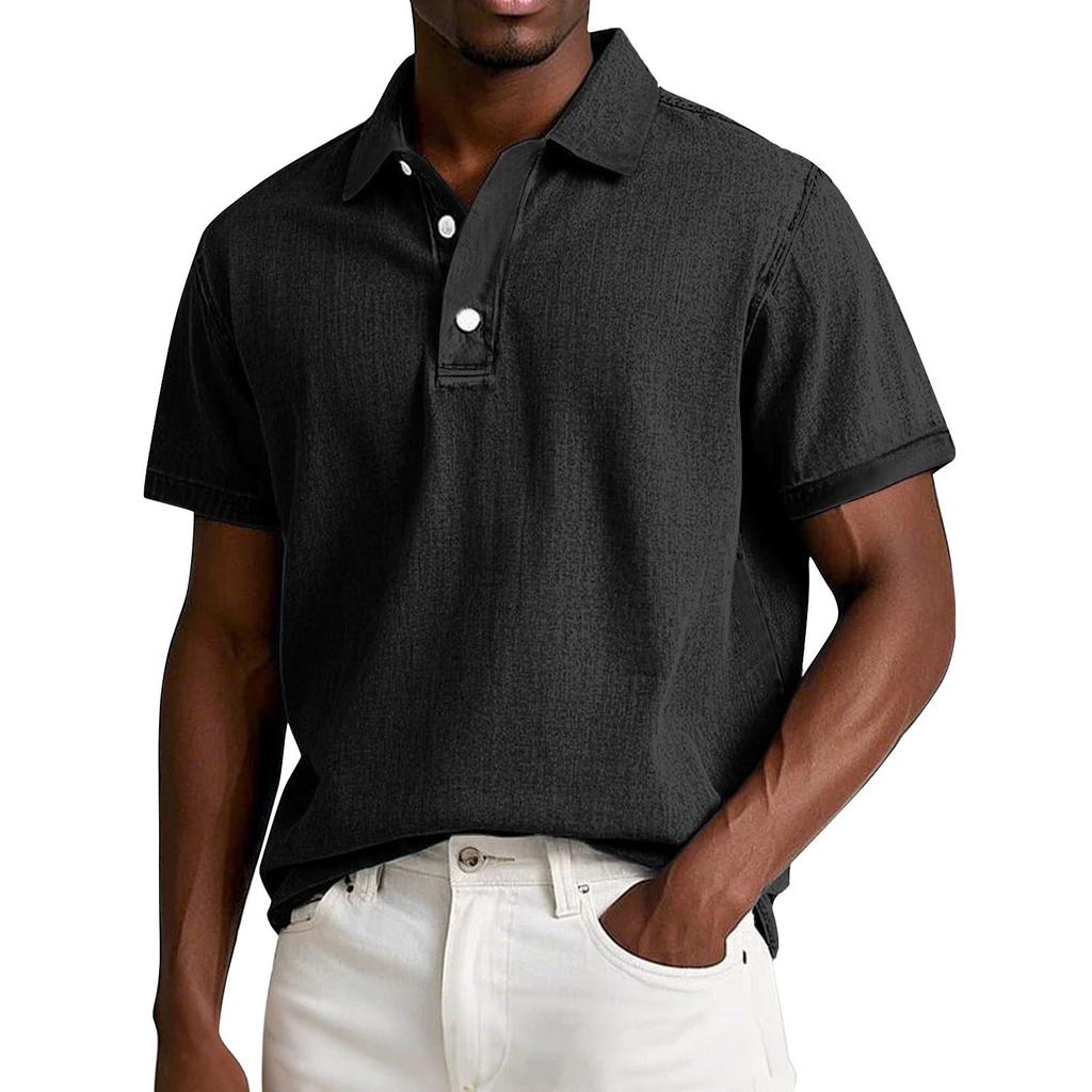 Men's Summer Solid Color Vintage Button Lapel Short Sleeve Shirt Tops
