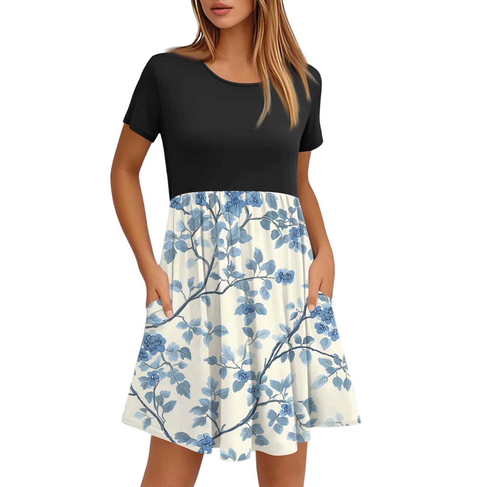 

Женские модные повседневные свободные платья с круглым вырезом и коротким рукавом с принтом и карманами XL небесно-голубой