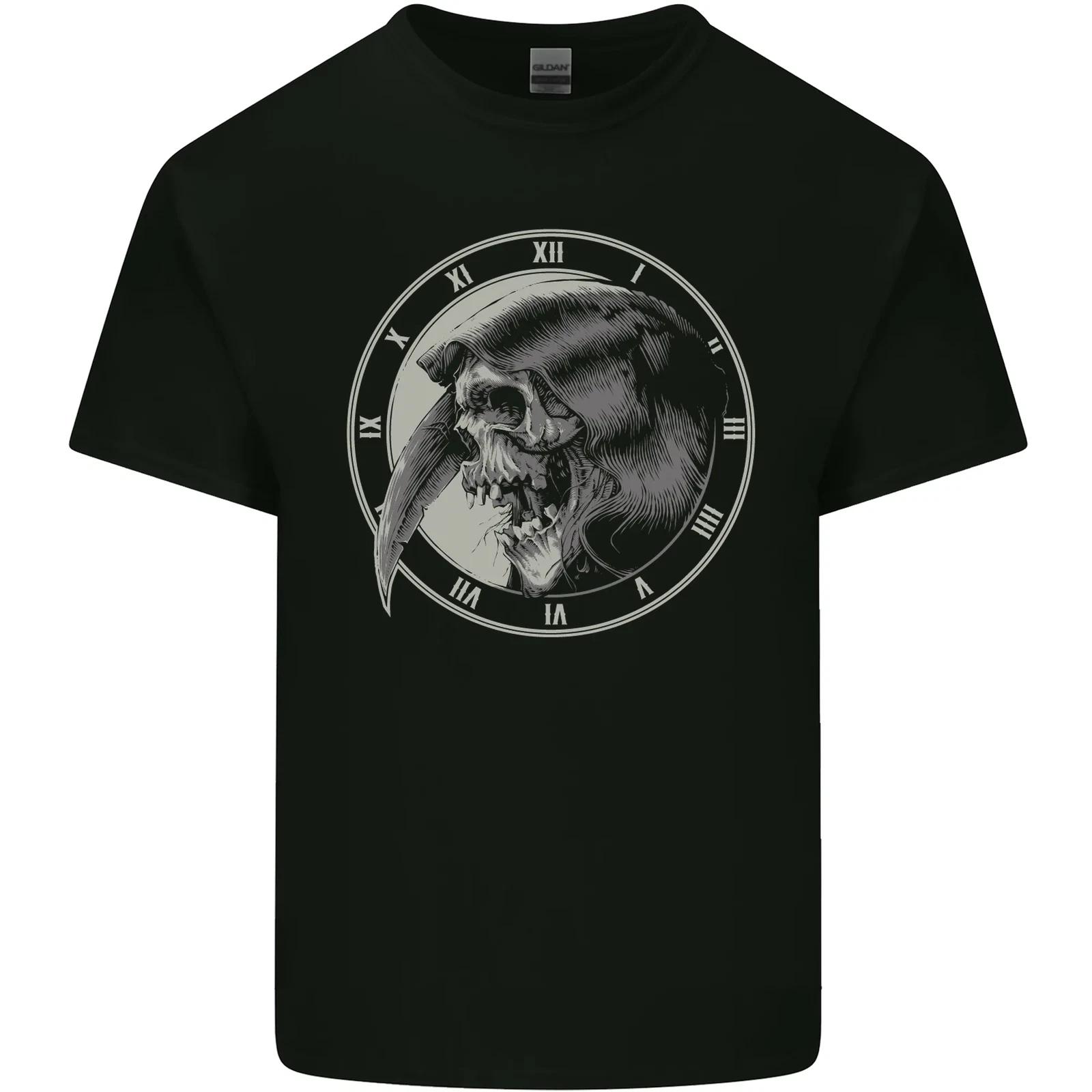 

Grim Reaper Clock Skull Biker Gothic Demon Kids T-Shirt Childrens XL