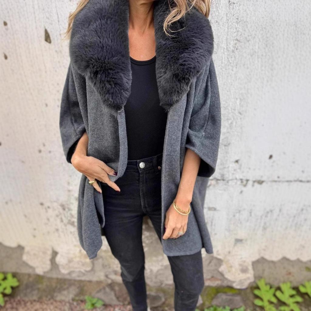 2025 New Women's Autumn Winter Loose Long Sleeve Lapel Faux Fur Collar Cloak Coat Outerwear