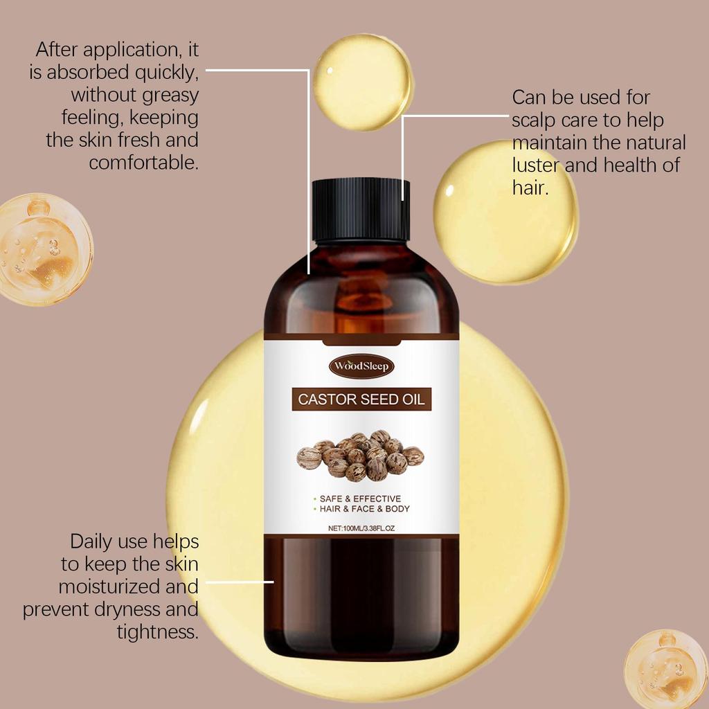 WoodSleep Castor Oil 100ml: Deep Hydration + Follicle Repair! Natural Formula, Suitable for Face/Body/Eyebrows & Eyelashes