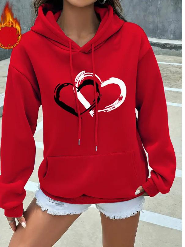 Women's Heart Print Hooded Sweatshirt with Pockets - Comfortable Long Sleeve Casual Wear