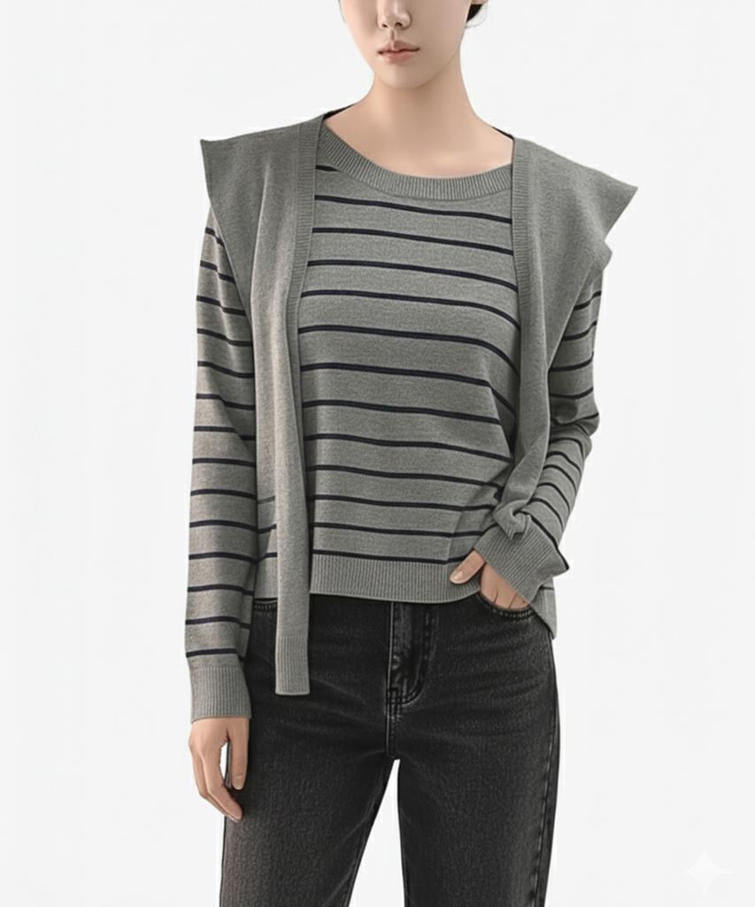Keulleiseu Cape Shawl Layered Striped Knit T-Shirt_Ivory
