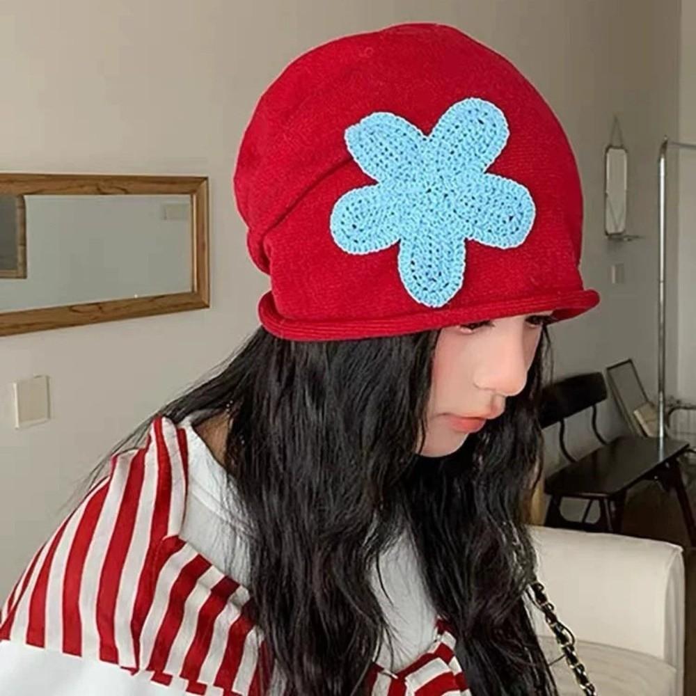 Flower Patch Knitted Hat Korean Style Ear Warmer Fashion Pullover Cap Autumn Winter
