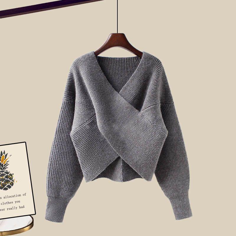 2pcs Women's Knit Skirt Suits Autumn Winter V-Neck Sweater Knit Pencil Skirt Two Piece Set Loose Pullover Sweater  Knit Top  SkirtOutfits