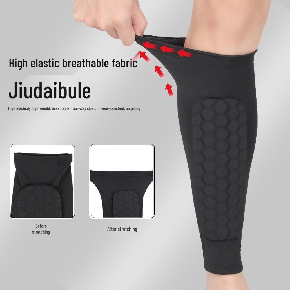Men's Honeycomb Calf Guard Socks with Anti-Collision Shin Protection for Football and Basketball.