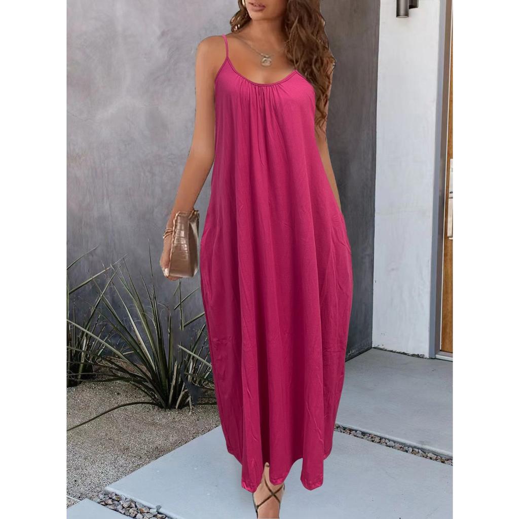 Women's Solid Color Low-cut V-neck Loose Laxy Style Sling Dress, Slimming Spring Summer Casual Dress for Foreign Trade