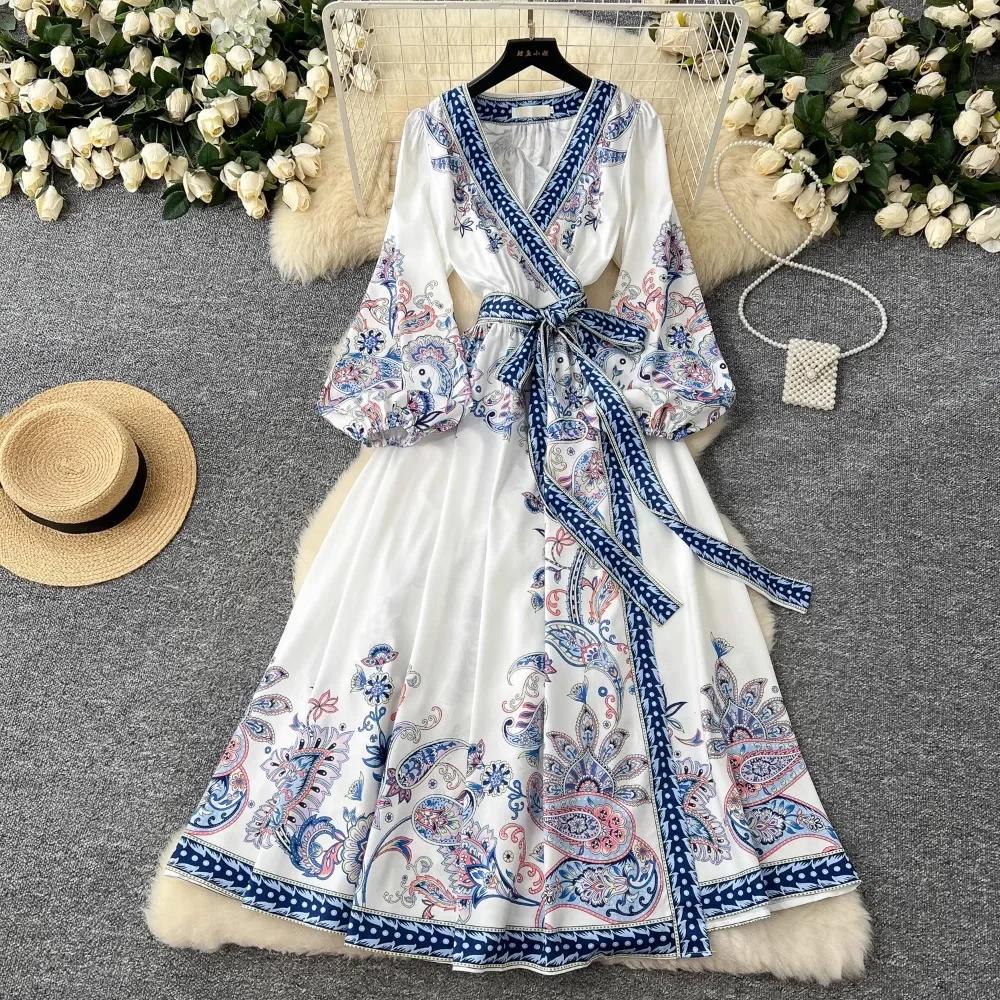 New Printted High Street Dresses For Women V Neck Long Sleeve Patchwork Sashes Temperament Dress Female Dresses
