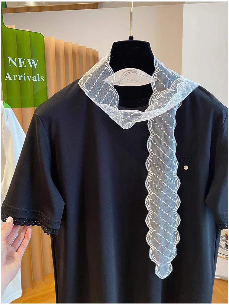 

Женская футболка с коротким рукавом и кружевной лентой в корейском стиле - летняя мода 2025 года 3XL чёрный