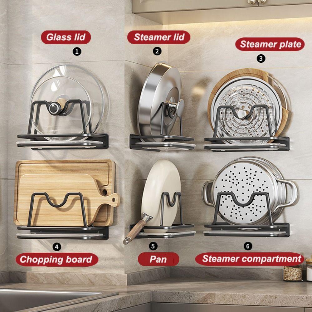 

Punch Free Pot Lid Holder with Tray Good Load-bearing Pot Lid Organizer Kitchens Accessories Single Rod-White