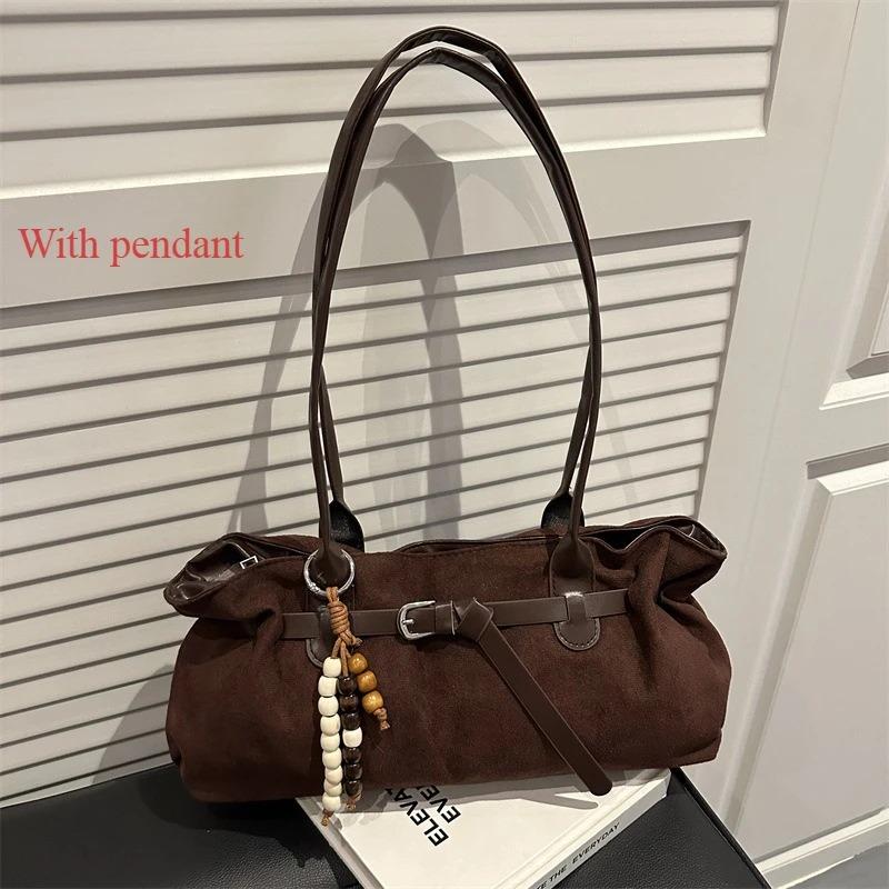 Vintage Belt Design Suede Shoulder Bags for Women Autumn Versatile Ladies Classic Handbags Large Capacity Female Tote Bag