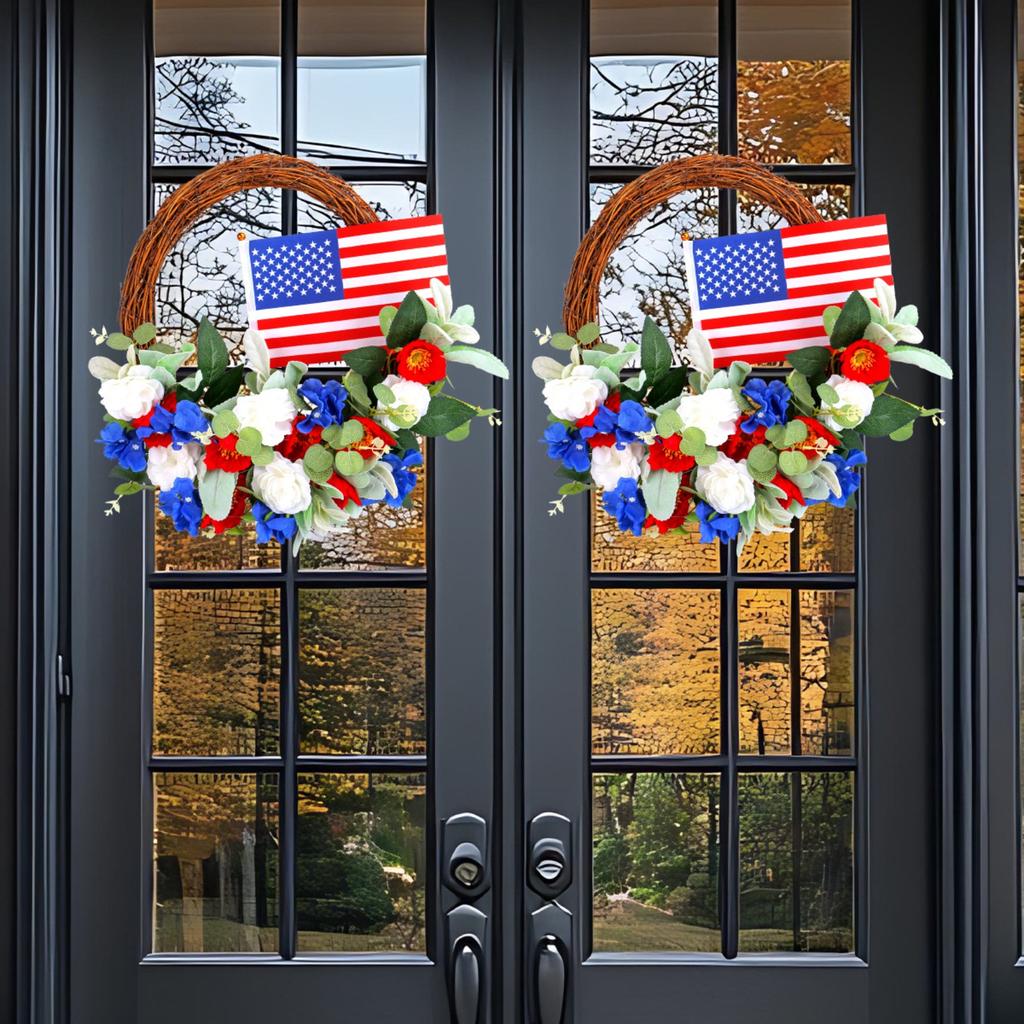 Independence Day Red And Blue Small Flower Wreath Window Wall Hanging Holiday Simulation Flower Deadwood Rattan Wreath Door Hanging