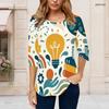 Women Plus Size Round Neck 3 4 Sleeve Printed T Shirt Black Cartoon Stationery Curved Hem