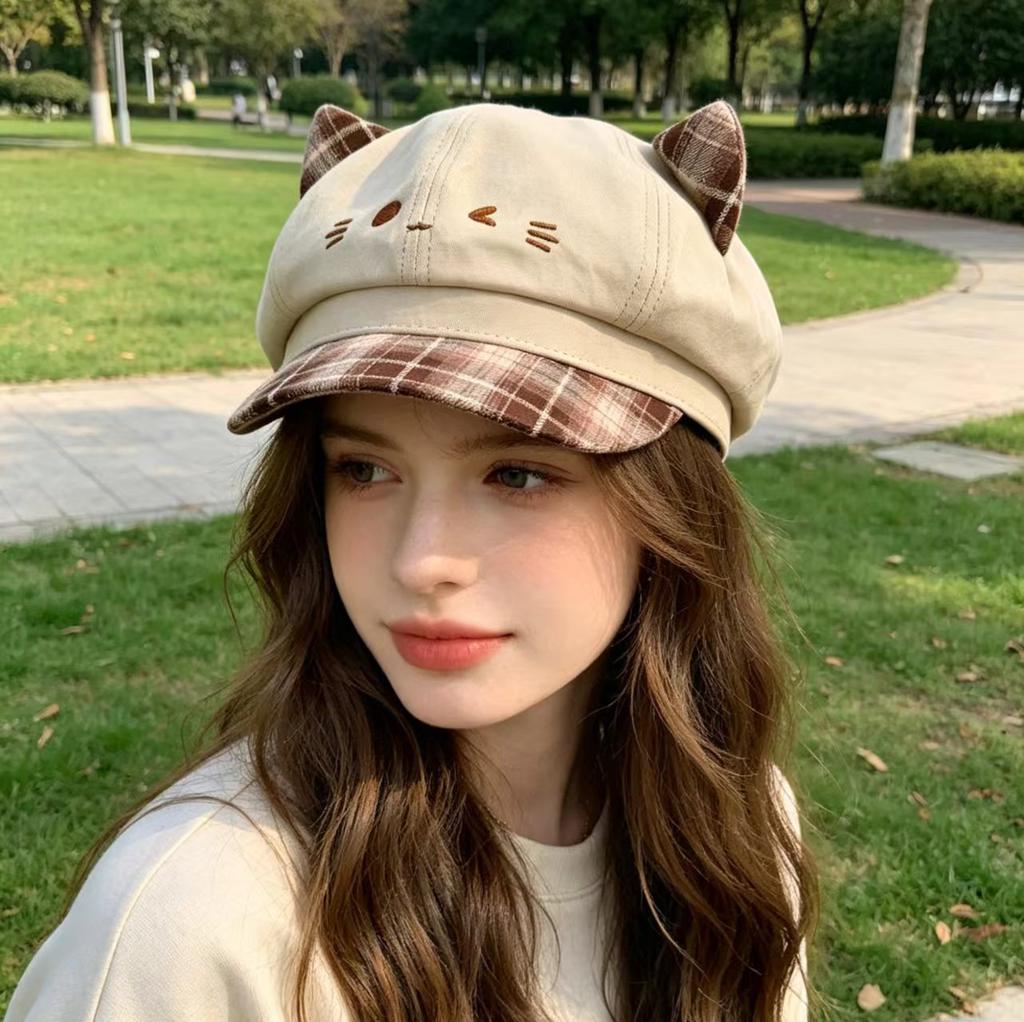 Cute Leopard Print Cat Ear Beret Women's Sunshade Sun Protection Retro Big Head Circumference Octagonal Hat Showing Face Small Painter Newsboy Hat