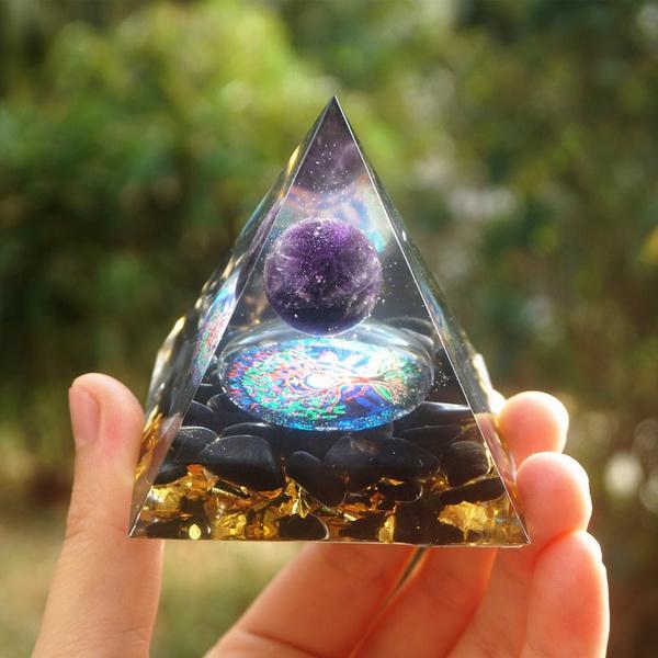 Handmade Magic Orgonite Pyramid 60mm Amethyst Crystal Sphere with Obsidian Natural Cristal Stone Orgone Energy Healing Reiki Chakra Multiplier