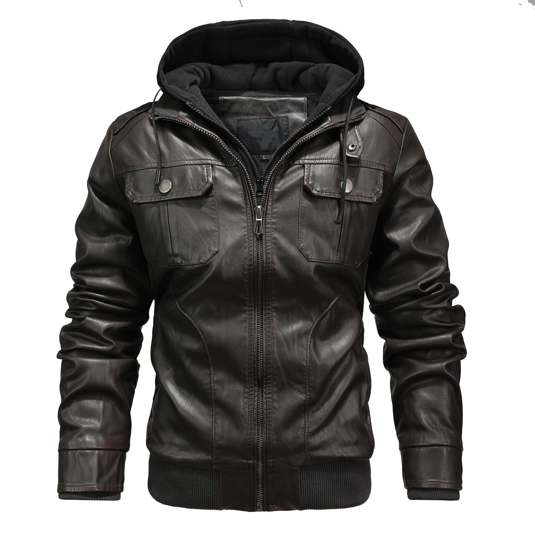

Men s Plus Size PU Leather Motorcycle Jacket with Detachable Hood and Fleece Lining - European & American Trend Large