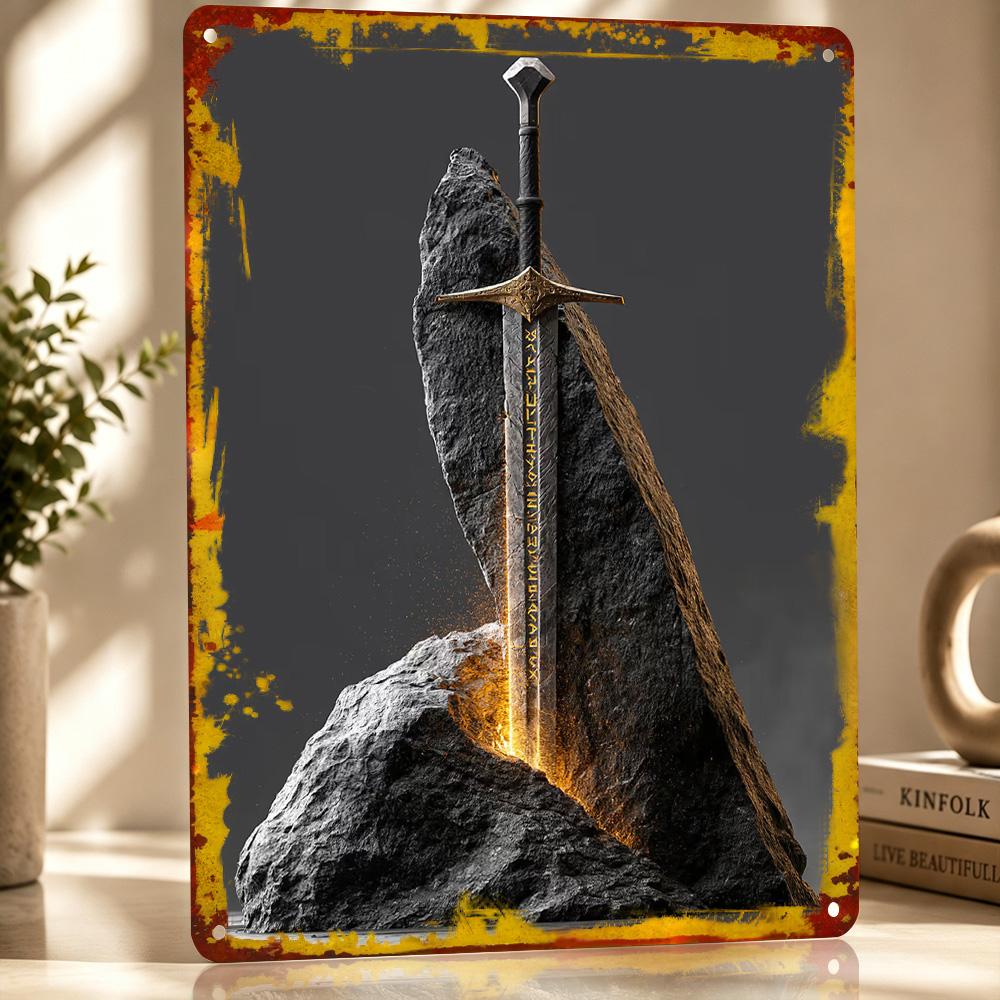 Fantasy Sword In Stone Personalized D Textured Metal Poster Wall Art Tinplate Sign for Decor Living Room Decoration Man Home