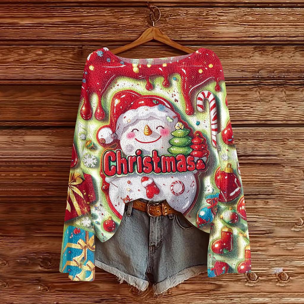 Women's Fashion Round Neck Long Sleeve Christmas Print Casual Knit Pullover Top