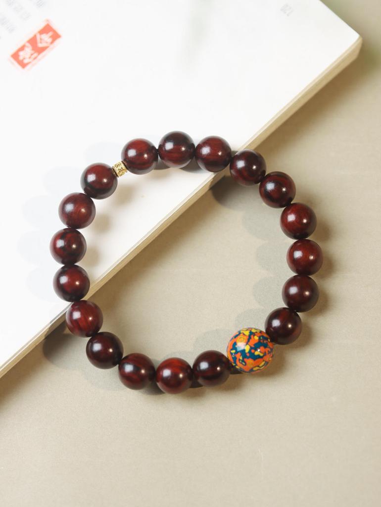 Women's Small-Leaf Rosewood Bracelet with Mother-of-Pearl Bead, Wenwan Buddhist Calming Ornament, Unisex.