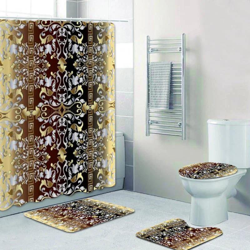 3D Luxury Black Gold Greek Key Meander Baroque Bathroom Curtains Shower Curtain Set For Bathroom Modern Geometric Bath Rug Decor