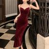 Velvet Dress Women's Morning Inside Temperament Socialite Medium and Long Suspender Skirt Pleated Waist Hip Skirt
