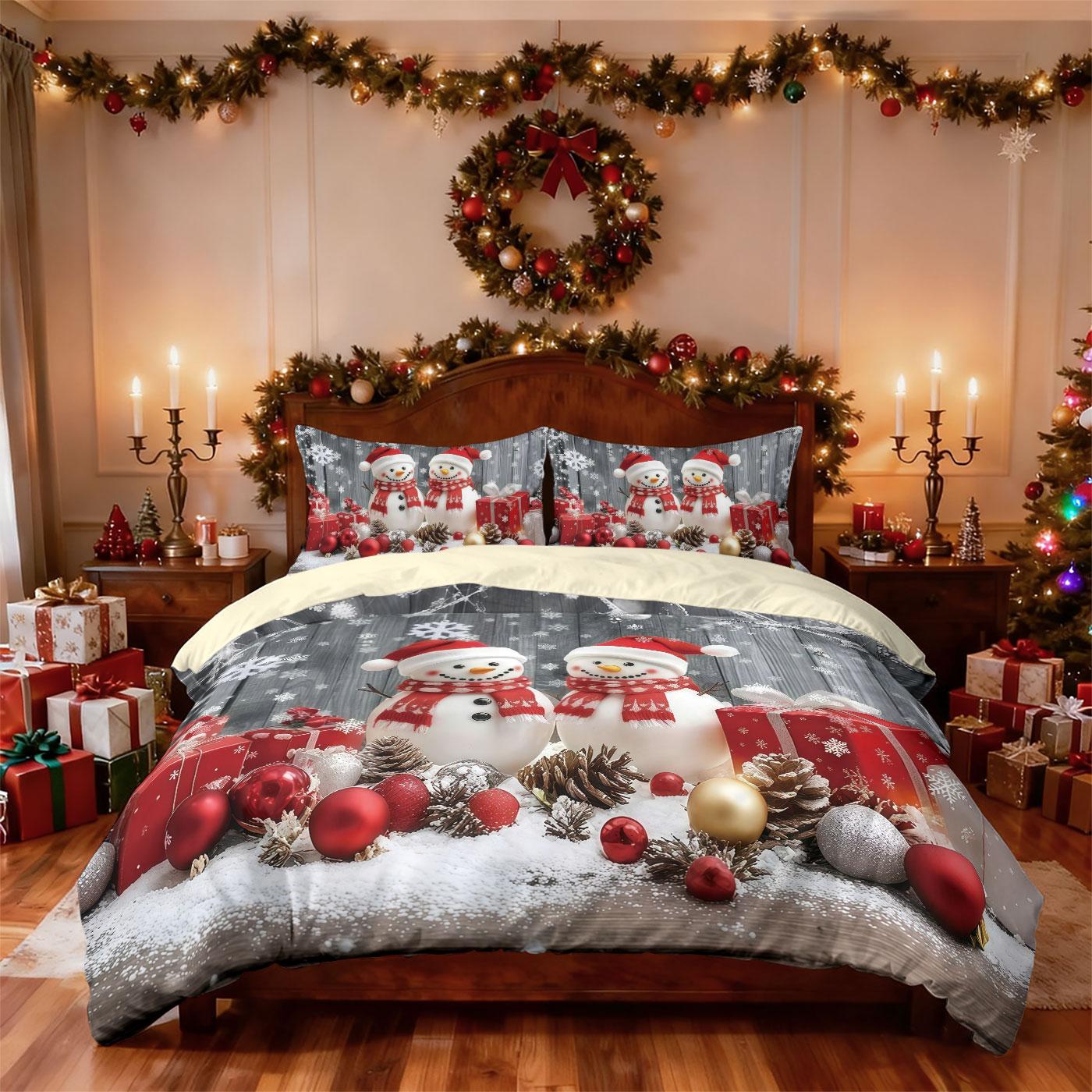 

3pcs Merry Christmas snowman print coreless down comforter set multi size bedroom bedding holiday decoration machine washable 135x200cm-EU-Single&set