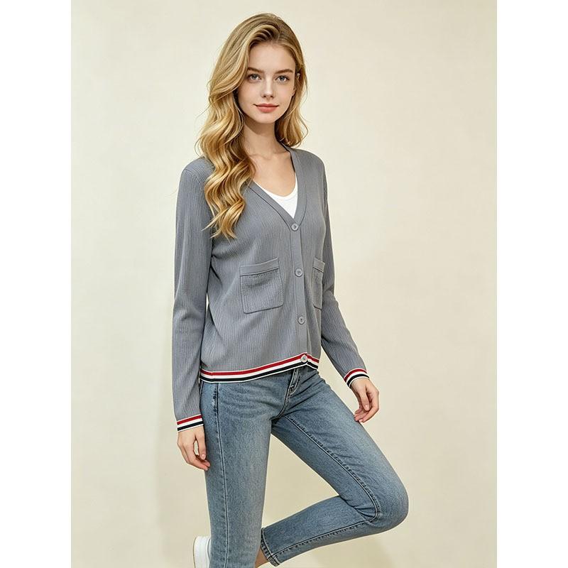 Womens V-Neck Striped Knit Cardigan Loose Fit Lightweight College Style Open Front Sweater