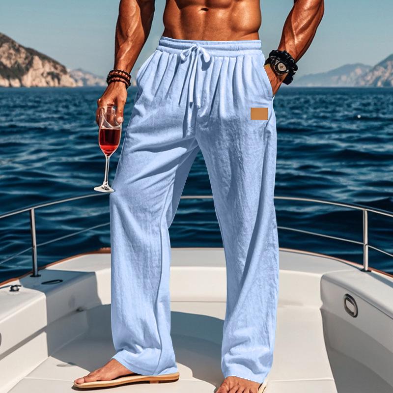 Cross-Border Men's Cotton Linen Drawstring Beach Pants.