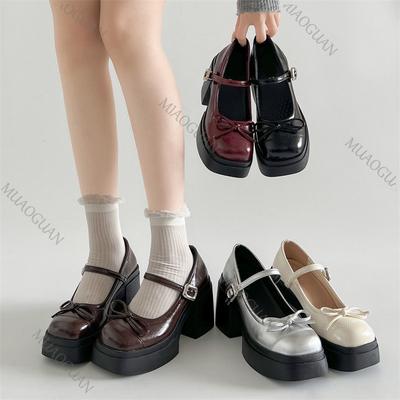 Fashion 10cm Thick High Heels Mary Jane Shoes for Women Vintage Shallow Platform Pumps Fashion Square Toe Heeled Loafers Women Shoes