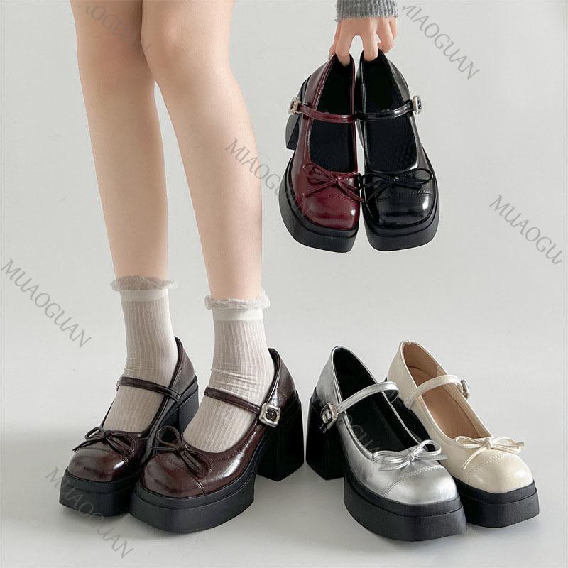 Fashion 10cm Thick High Heels Mary Jane Shoes for Women Vintage Shallow Platform Pumps Fashion Square Toe Heeled Loafers Women Shoes