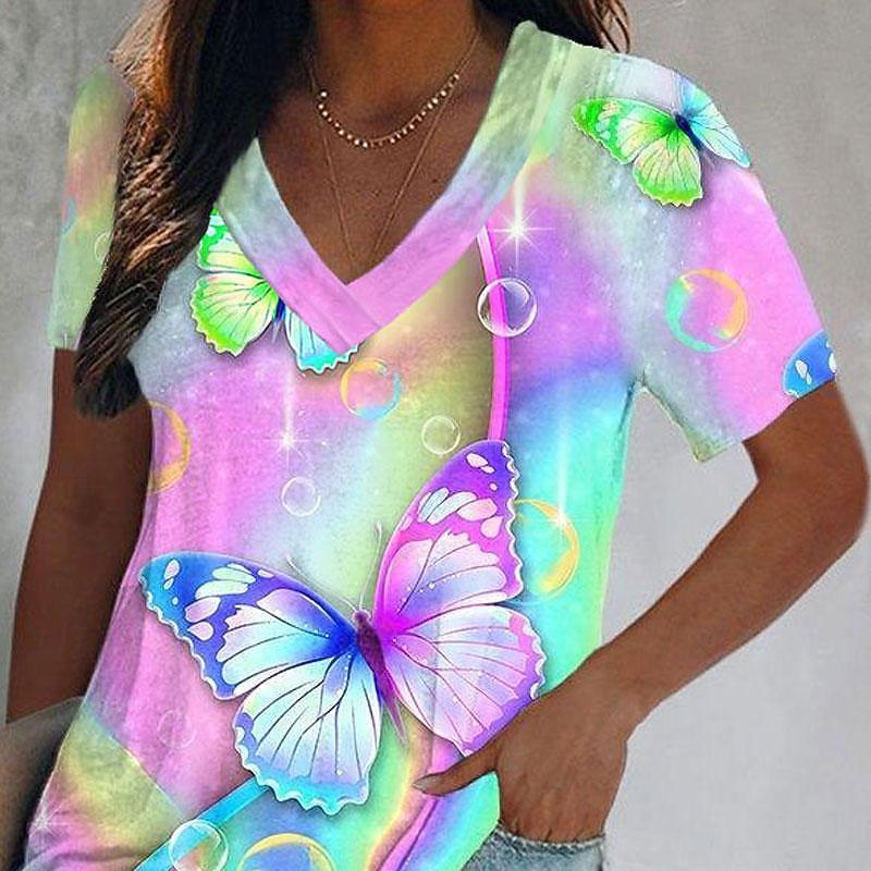 Women's T Shirt Print Graphic Butterfly Tie Dye Basic Neon & Bright Short Sleeve V Neck Regular Tops Holiday Weekend