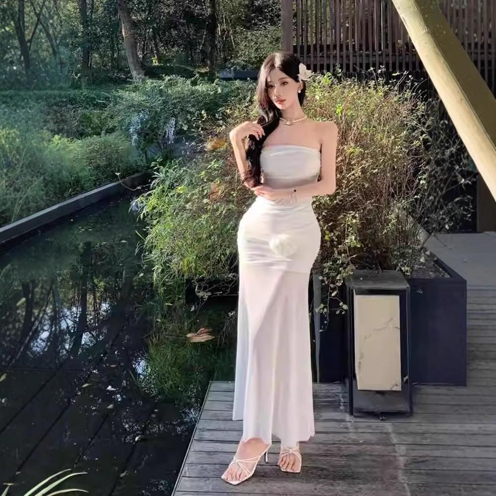 French Super Fairy Vacation Style Sexy Perspective Mesh Flower Tube Top Dress Women's Design Sense Slim Temperament Long Dress