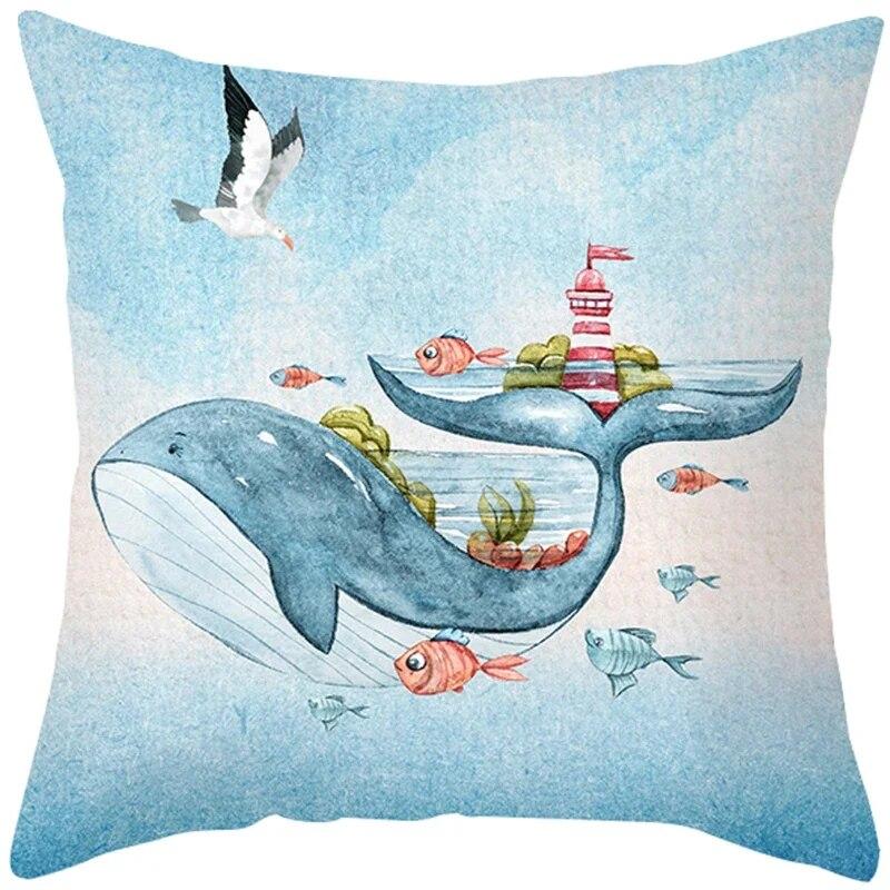 Sea Life Throw Pillow Office Sofa   Spring Home Decor Case Square Blue  Cushion Cover