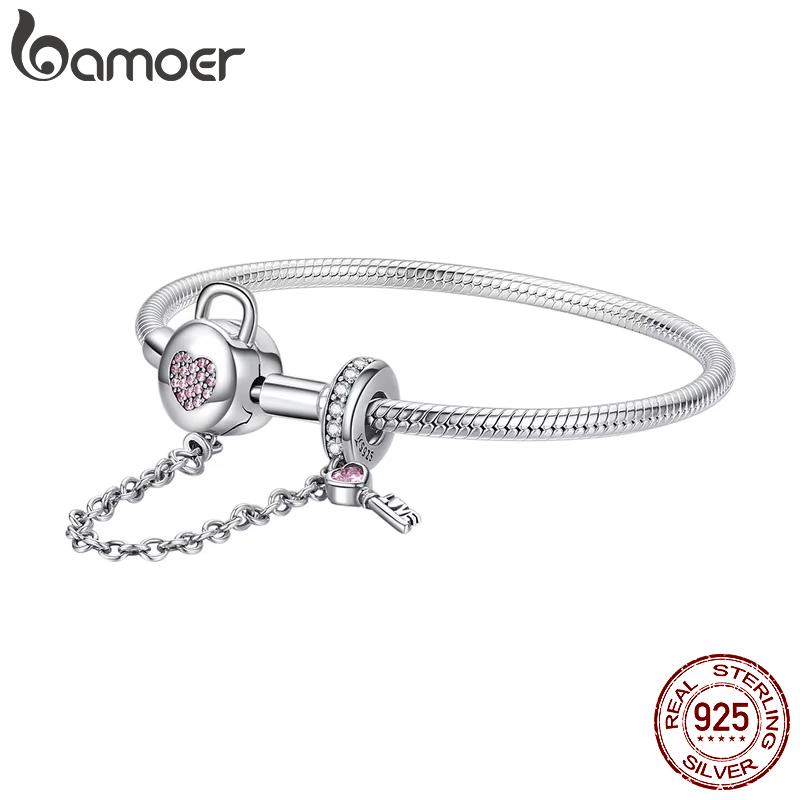 Bamoer 925 Sterling Silver Snake Chain Bracelet Zircon Pink Heart Lock and Key Safety Charm Bracelet for Women Gift SCB143