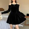 French Hepburn Off-Shoulder Velvet Little Black Dress - Retro Court Style, Petite Princess Dress