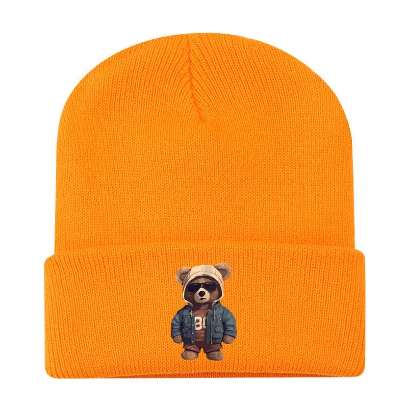 European and American New Autumn and Winter Hats, Women's Bear Printed Knitted Hats, Sleeves, Outdoor Warm Wool Hats, Men