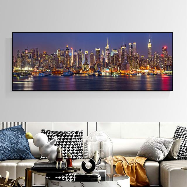 

Современный пейзаж Нью-Йорка ночной вид холст картины постеры и принты настенные панно для гостиной домашний декор без рамки 60cm×170cm NoFrame