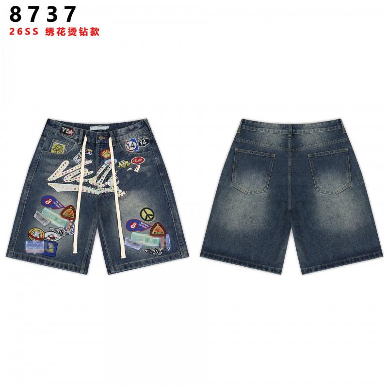 Pantaloncini in Denim Vale Retro con Lettere Ricamate Dettaglio Strass Lavaggio Usurato Lunghezza 5/8 Vestibilità Larga