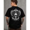 Men's Black Short Sleeve T-shirt with Bold Skull Crown Wings Graphic, Crew Neck Relaxed Fit Soft Cotton Feel for Streetwear Biker Style