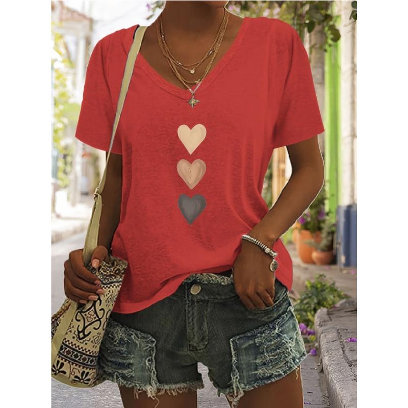 V-neck Short Sleeved T-Shirts Simple Heart Printed Shirt for Women In Summer Loose Slimming Versatile Top