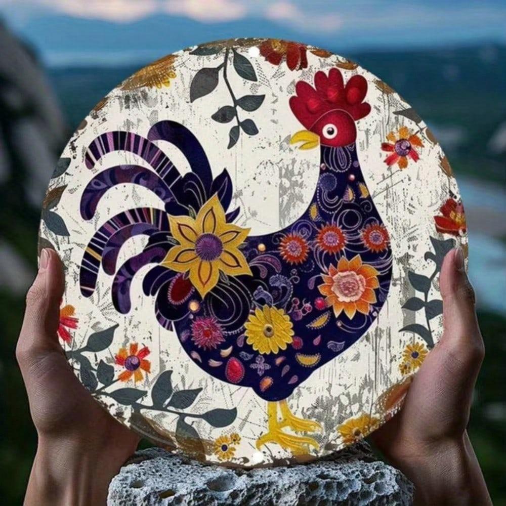 Vintage Colorful Rooster Aluminum Wall Art Floral Waterproof Decor