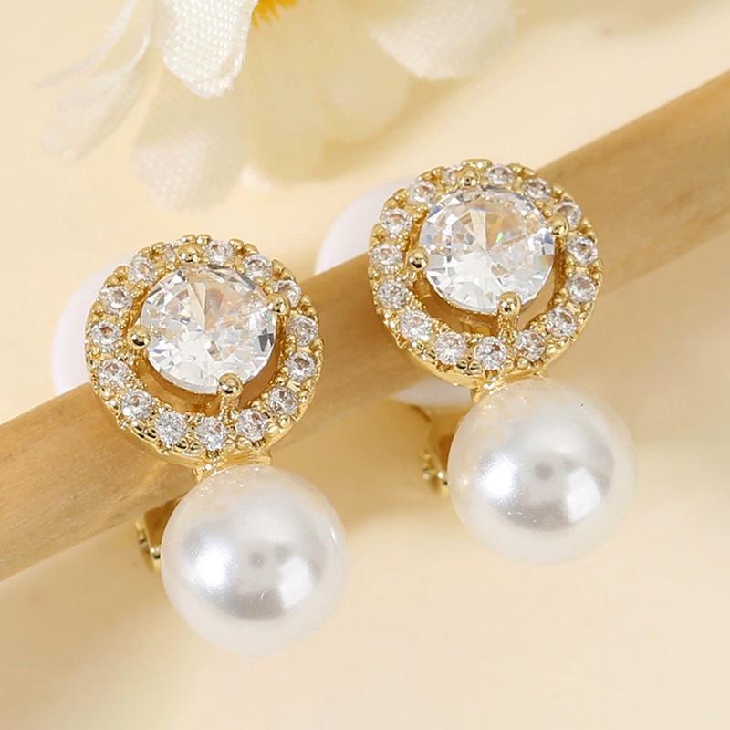 Fashion Elegant Zircon Clip On Earrings Exquisite Luxury Simulated Pearl Ear Clips Non Pierced for Women Bridal Party Jewelry